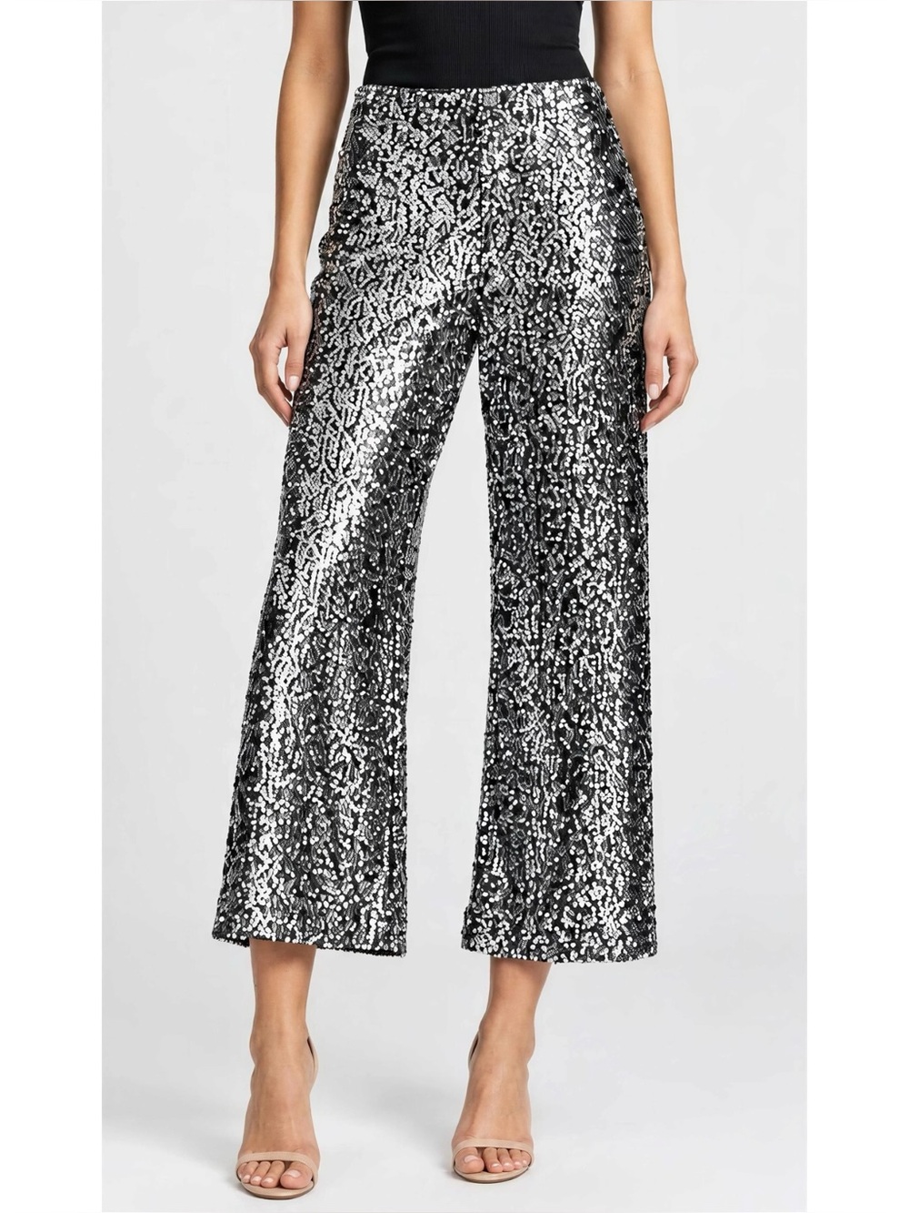 MAEVE x ANTHROPOLOGIE Colette Cropped Wide-Leg Sequin Pants, Silver, 25”